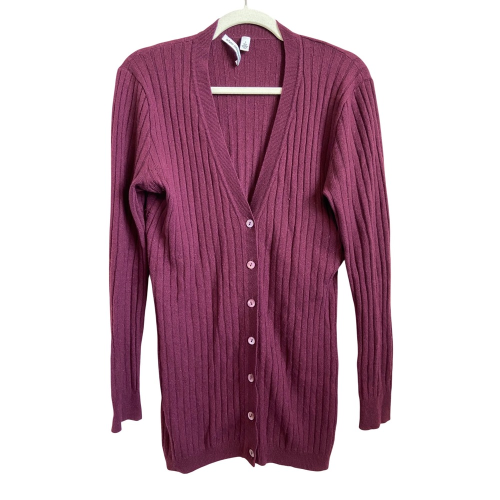 Autumn Cashmere Purple 100% Cashmere Ribbed Longline V-Neck Cardigan Sweater L
